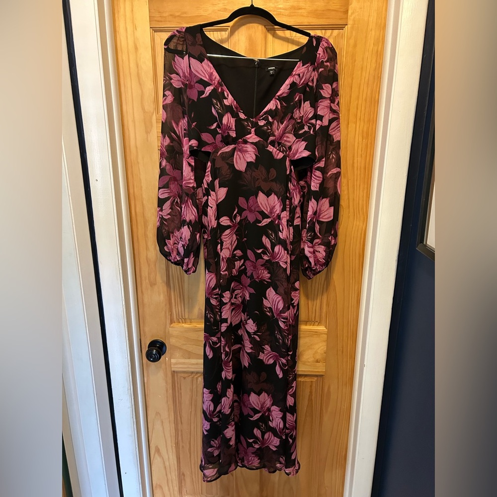 Black Maxi Dress with Purple Floral Print and Long Puff Sheer Sleeves